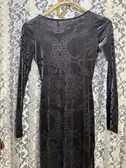 NWOT burnout velvet paisley stretch fabric high slit low back dark gray sheer
