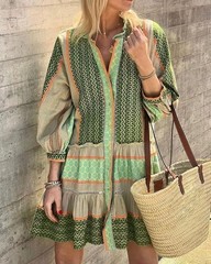 Women 3/4 Sleeve Green Floral Boho Tunic Shirt Dress Summer Casual Short Dress