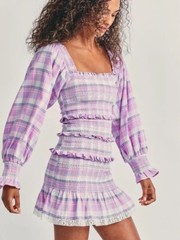 SUNDAYUP smocked fitted flared long sleeve purple mini dress SZ S