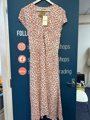 Albaray Daisy Print Tie Back Ecovero Tea Dress Cream Red Blue Size 16 BNWT