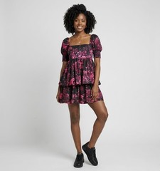 Alice + Olivia Emmalou Tiered Mini Floral Puff Sleeve Dress 8 M Pink Black $395