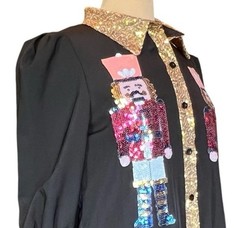 Black Nutcracker Sequin Collar Tiered Ruffle Button Down Shirt Dress Tunic Small