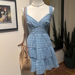 Baby Blue Eyelet Mini Dress Coquette Cottagecore Picnic Sundress Y2K Summer