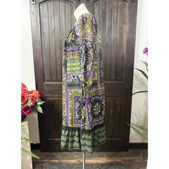 Emma & Michele Boho Patchwork Shift Dress Green Purple Tassel Trim Large NWT
