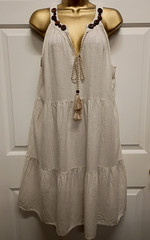 Mile Gabrielle Sz L Cream Linen Blend Boho Peasant A-line Tiered Tassels Dress