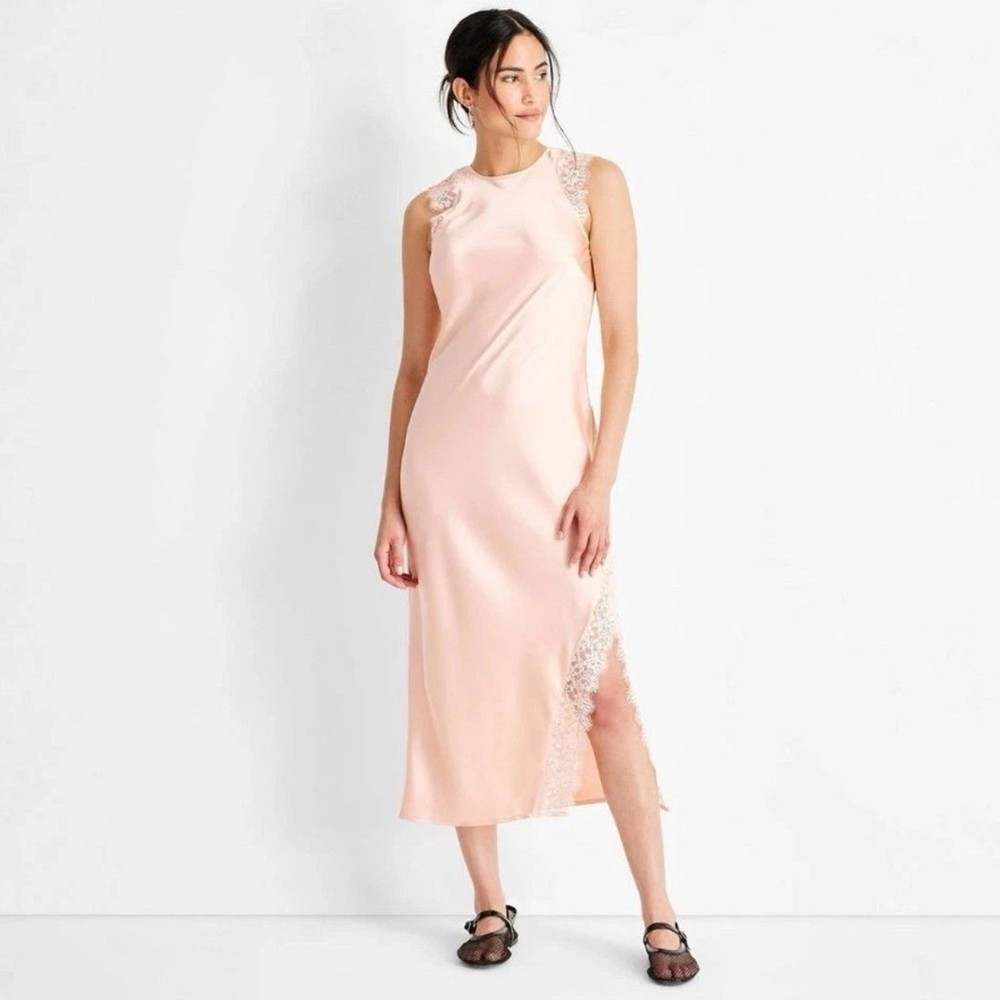 Future Collective Women&rsquo;s Sleeveless Lace Trim Maxi Dress Peach Orange Size L