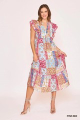 Umgee Pink Mix Patchwork Print Midi Dress Flutter Sleeves
