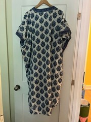 100% Cotton Hand Block Printed Indian Midi Dress/Kaftan Blue White Mauve O/S