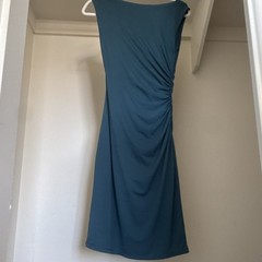 Studio M Blue Solid Polyester/Spandex Knit Sheath Ruched Boat Neck Dress XS