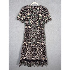 Fat Face Priya Mosaic Leaf Midi Dress Size 8R Black Green Tan Tiered Peasant