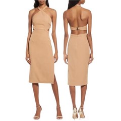 NWT Bardot Halter Midi Dress Womens Tan Cut Out Open Back Cocktail Neutral 10
