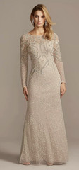 Adrianna Papell 10P Petite Beige Lace Beaded Sequin Scoop Neck Long Gown