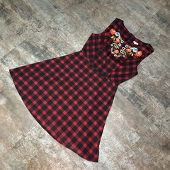 ModCloth En Crème Buffalo Plaid Fit & Flare Embroidered Floral Bib Dress, Sz S