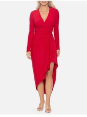 Xscape Red Faux Wrap Long Sleeve Jersey Asymmetric Dress Size 10 $218