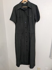 Pura Seta 100% Silk Black Button Front Collared Maxi Shirt Dress L Pockets