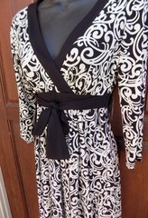 MAGGY LONDON DRESS FILIGREE BLACK/WHITE 3/4 SLEEVE RUCHED TIE WAIST NWOT SZ 4