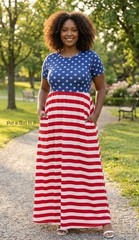 USA New Boho Plus Size Women&rsquo;s Soft American Flag Stars Maxi Dress Pockets 1X 2X