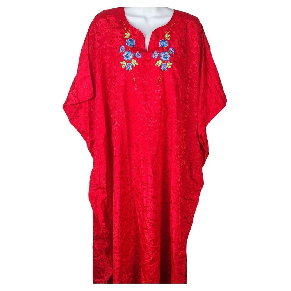 Simply Basic Red Floral Damask Kaftan Gown Blue Embroidery vintage Loungewear