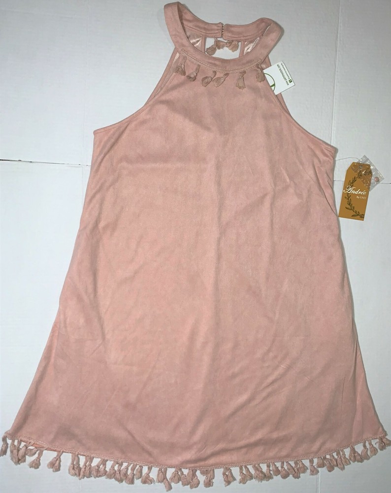 NEW Andree By Unit Pink Sueded Sleeveless Fringe Lined A-Line Dress Women&rsquo;s S
