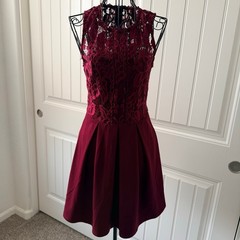 S – Burgundy Lace Fit and Flare – Sleeveless High Neck Dress