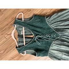 Comfort First Dress Womens Sz L Medieval Linen Lace Up Empire Waist Green Washed