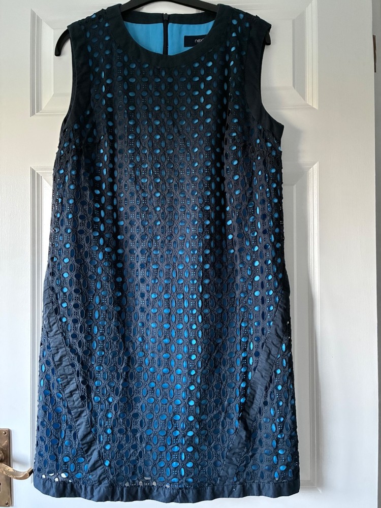 Next Navy Eyelet Broderie Anglaise Shift Dress with Blue Lining – size 14