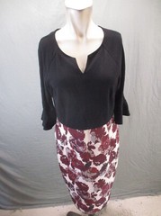 Woosunze Size L Womens Black Floral V-Neck 3/4 Ruffle Sleeve Blouson Dress 459