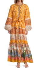 A Loves A Border Print Mandarin Collar Maxi Dress Sz XS Boho Hummingbird Bird