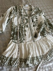 Zara Ecru & Khaki Rustic Printed Mini Dress Size XS