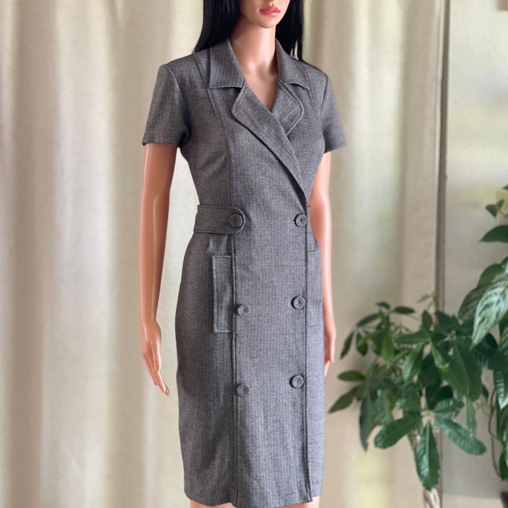 Calvin Klein Herringbone Double Breasted Blazer Dress Grey Dark Academia M