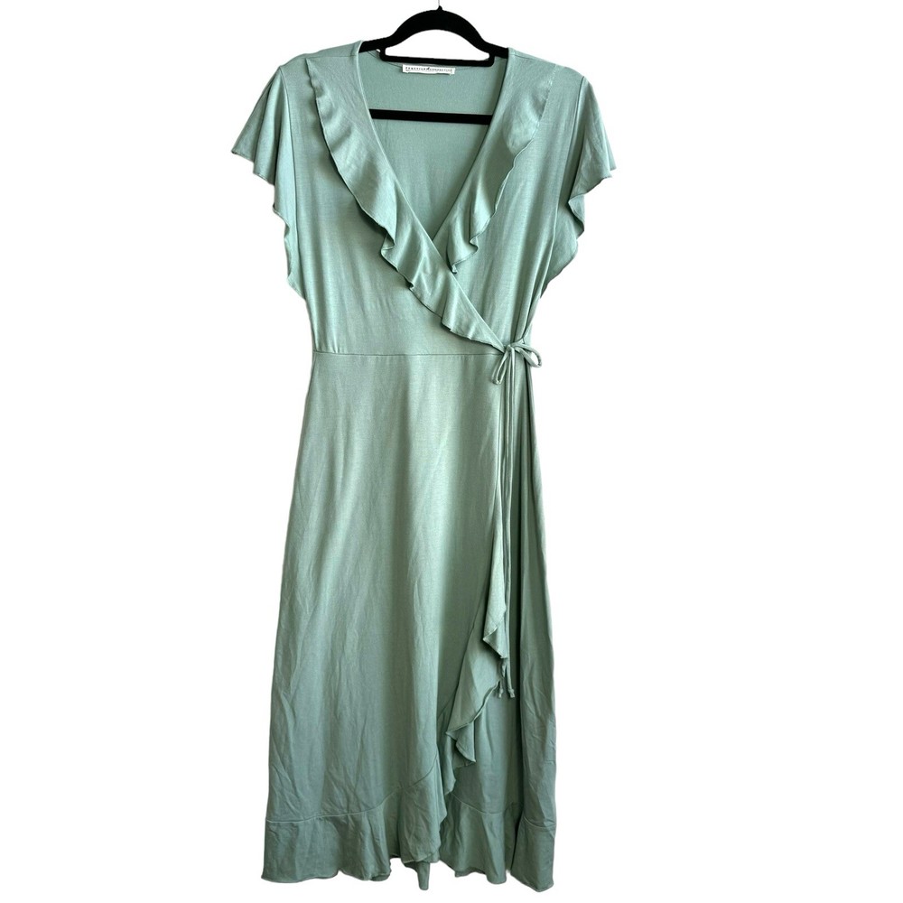 Peruvian Connection Tie-Front Wrap Midi Dress Size Small Green Pima Cotton Blend