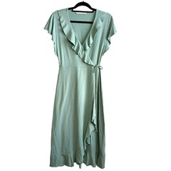 Peruvian Connection Tie-Front Wrap Midi Dress Size Small Green Pima Cotton Blend