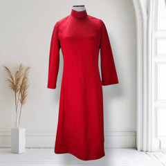 Vintage 60s Red Midi Dress Size L Mock Neck Floral Jacquard Knit Polyester