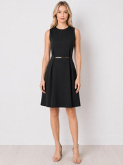 Zara Basic Black Sleeveless Dress Gold Metal Belt Minimalist Career Chic Size S
