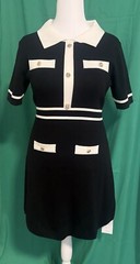 Black elegant dress with white trim, short (L) viscose polyester polyamide