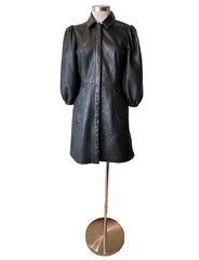 Designer Black Leather Collared, Studs & Button Through Coat Dress 10Aust-UK/6US