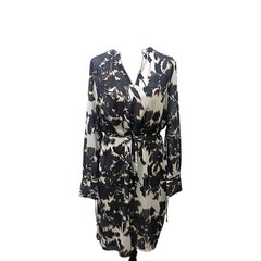 H&M Womens S Black/White/Beige Floral Shift Dress V-Neck Balloon Sleeve Belted