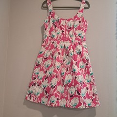 Anne Klein Pink Floral Sleeveless Scoop Neck Pleated Dress Women’s Size 8 EUC