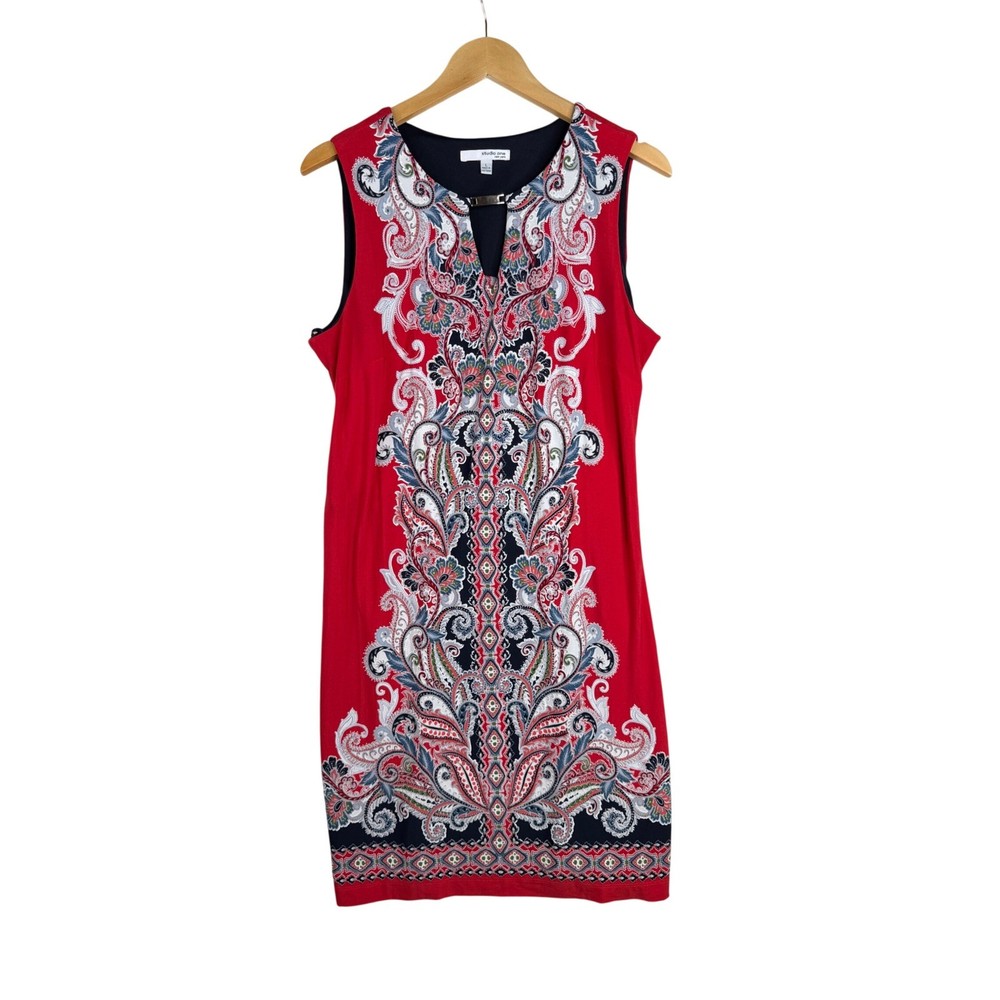 Studio One NY Sleeveless Shift Paisley Print Dress size Large Red/Blue/White