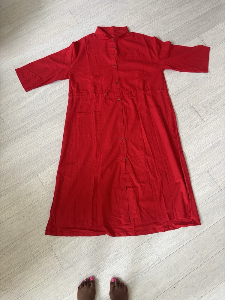 Women&rsquo;s Red Solid Collared Button-Front Shirt Dress Midi 3/4 Sleeve Size XL