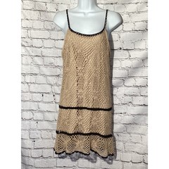 Glimmer Y2K Crochet Mini Dress Tan Brown Floral Open Knit Boho Sleeveless Large