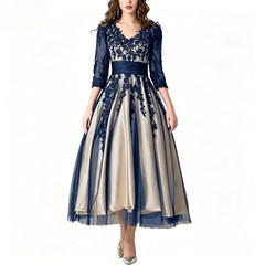 Navy Blue Floral Lace 3/4 Sleeve V Neck Dress Satin A Line Mother Of Bride Gowns