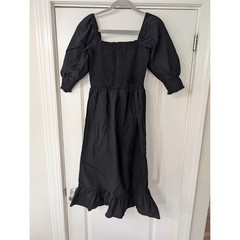 Sim & Sam Womens Black Smocked Puff Sleeve Cotton Midi Dress medium Ruffle Hem
