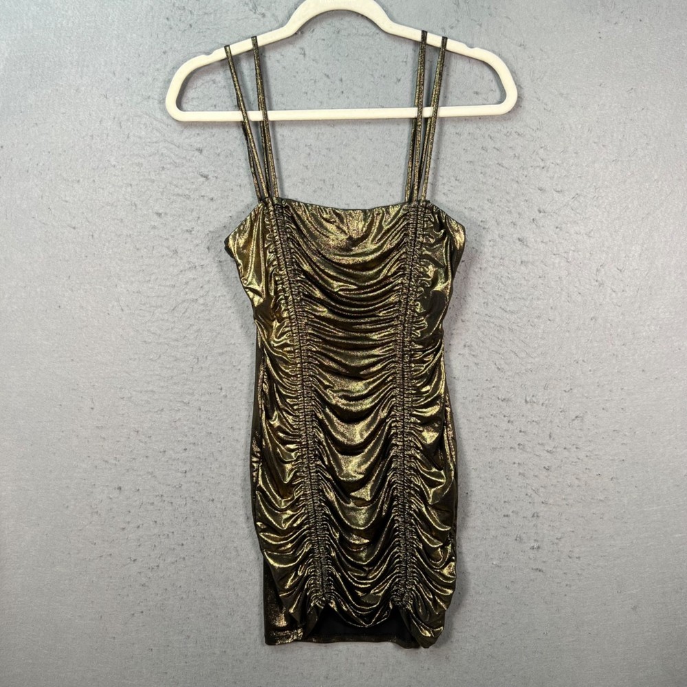 Windsor Womens Small Metallic Gold Ruched Mini Dress w/ Double Spaghetti Straps
