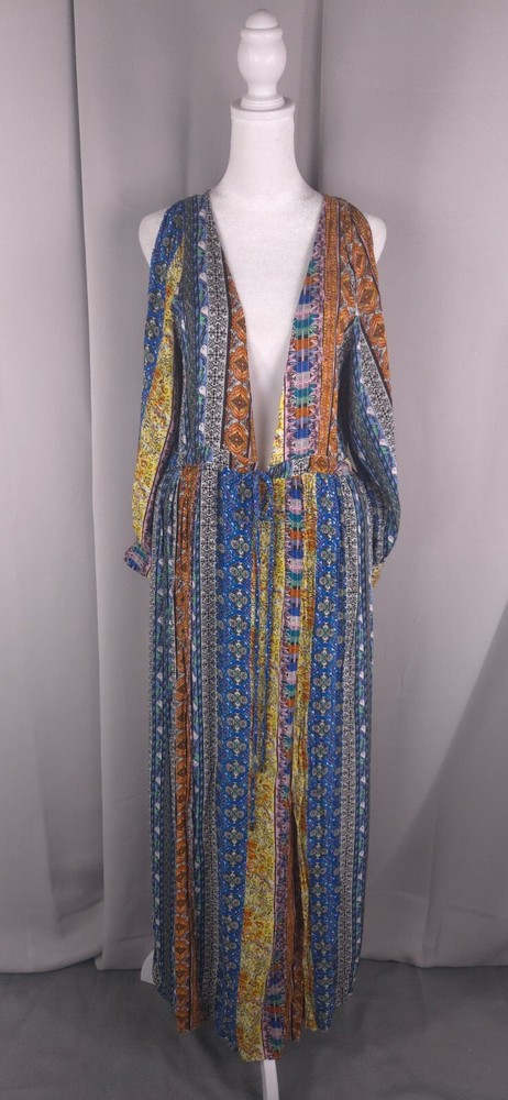 Luxxel Dress Womens S Boho Patchwork Maxi Flowy Free Spirit with Slit Sleeves