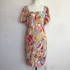 Emily Wonder Fun Elegant Puff sleeve Colorful Floral Women&rsquo;s Sheath Mini Dress L