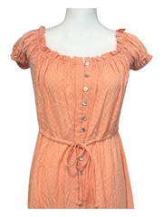 Olivaceous Peach Textured Mini Dress M Puff Sleeve Button Front Ruffle Hem