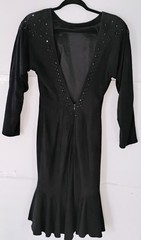Vintage Black Suede Beaded Dress V-Neck Open Back Kick Pleat Skirt Size XSmall