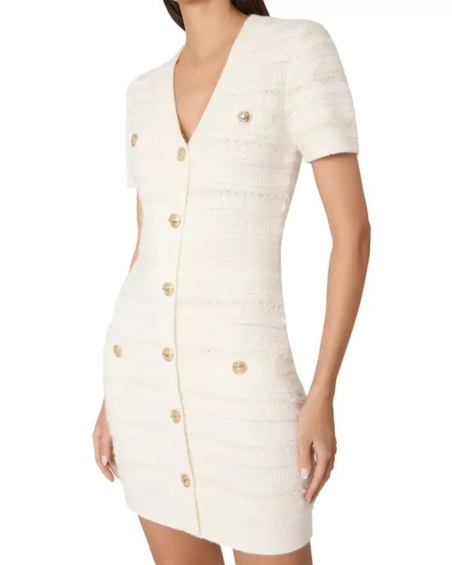 MILLY Wool Blend Kennedy Textured V-Neck Knit Mini Dress Women&rsquo;s S Ecru S/S