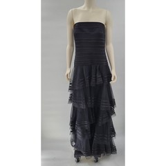 Tadashi Shoji Tiered A-Line Evening Gown 14 Black Mesh Bands Tulle Formal Shawl
